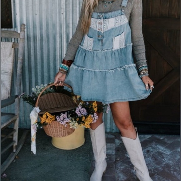POL Dresses & Skirts - POL Boho Crochet Denim Overall Dress | Vintage Inspired Skirt with Frayed Edges